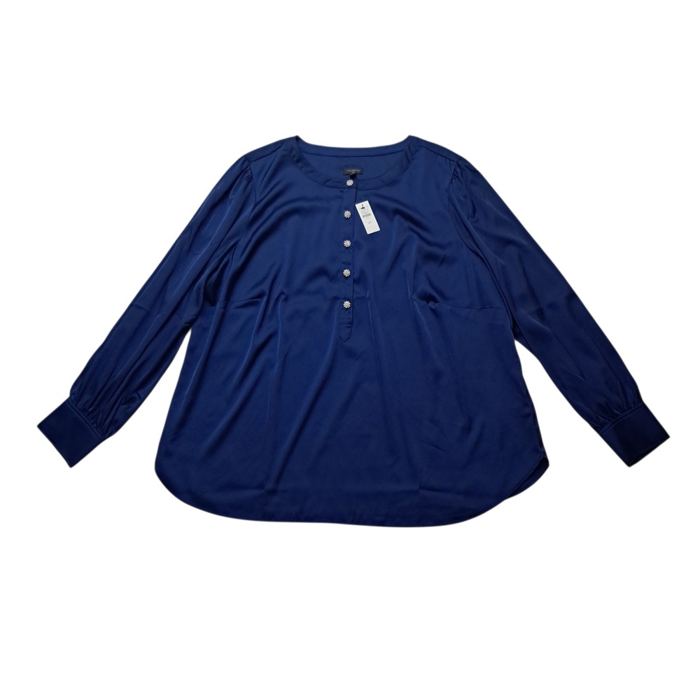 NWT Talbots Satin Charmeuse Band Collar Top Womens 2X Blue Rhinestone Button Up